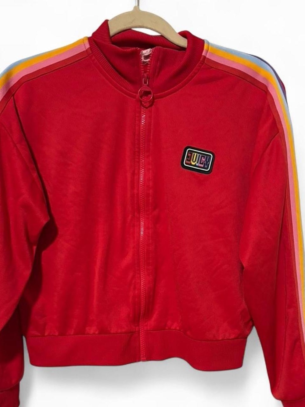Vintage Y2K Juicy Couture Red Zip-Up Track Jacket with Rainbow Stripe